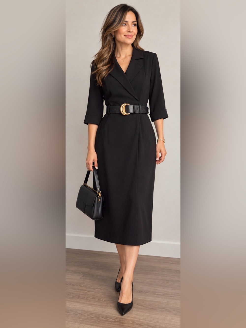 NWT Donna Karan New York Belted Blazer Dress Black Midi 3/4 Sleeve Size 12